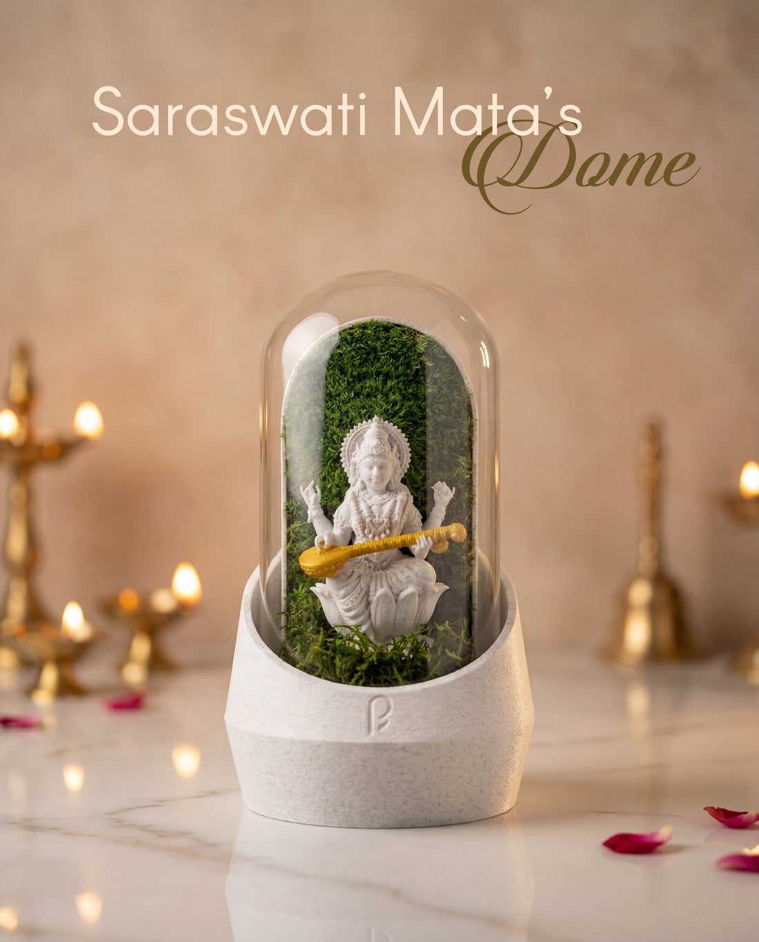 Saraswati Mata's Dome terrarium showcasing a beautifully detailed goddess figurine surrounded by natural elements.