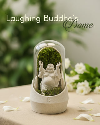 Laughing Buddha's Dome terrarium with vibrant succulents and a joyful Buddha statue.