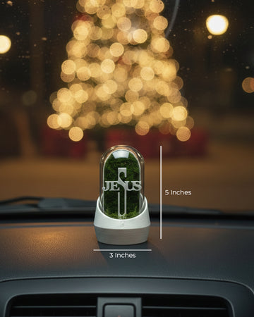 Holy Cross Car Dome with Aromatherapy Edition, a stylish terrarium featuring lush greenery and essential oil diffuser.