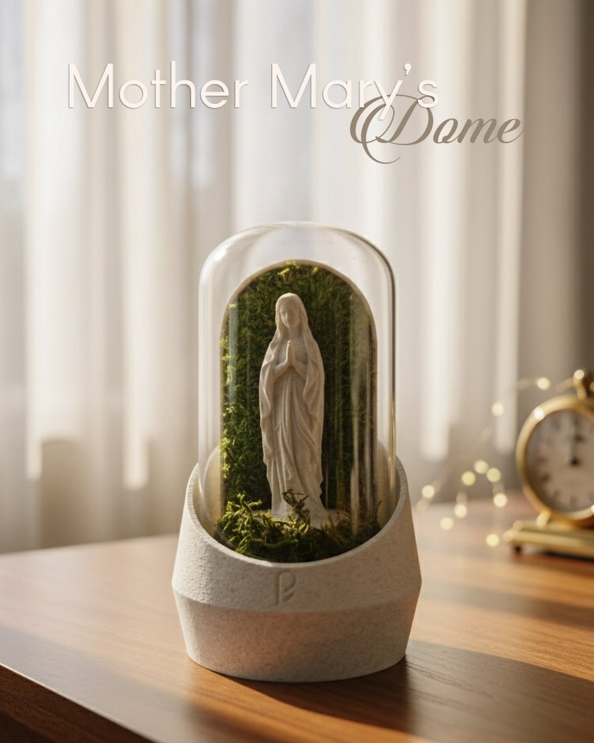 Mother Mary's Dome terrarium showcasing vibrant green plants and decorative stones.
