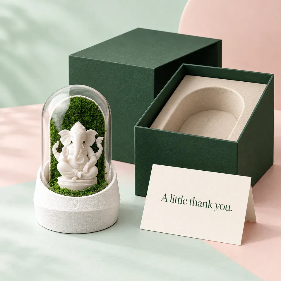 Illustrative dome gift packaging with a message card and green presentation box