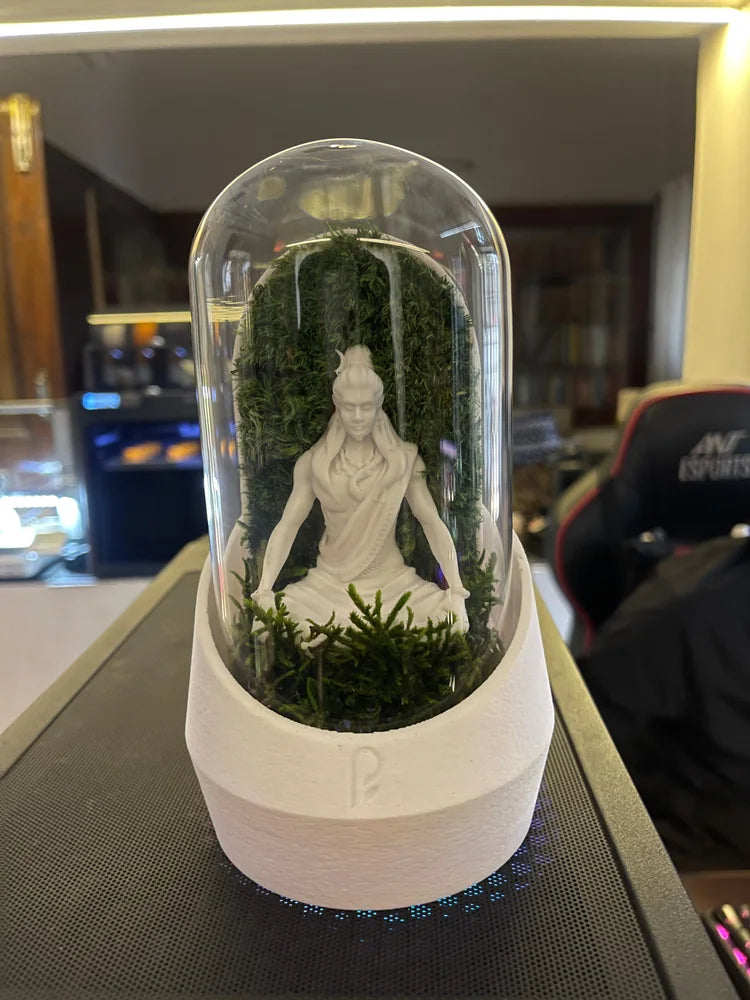 White figurine and moss dome on a customer’s desk
