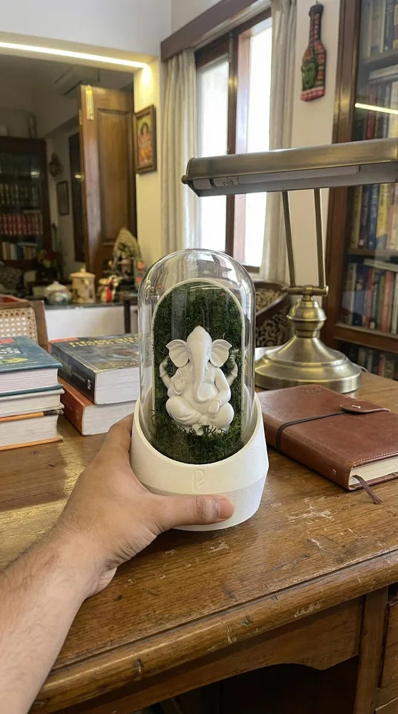 Customer holding a Ganesha dome beside a desk