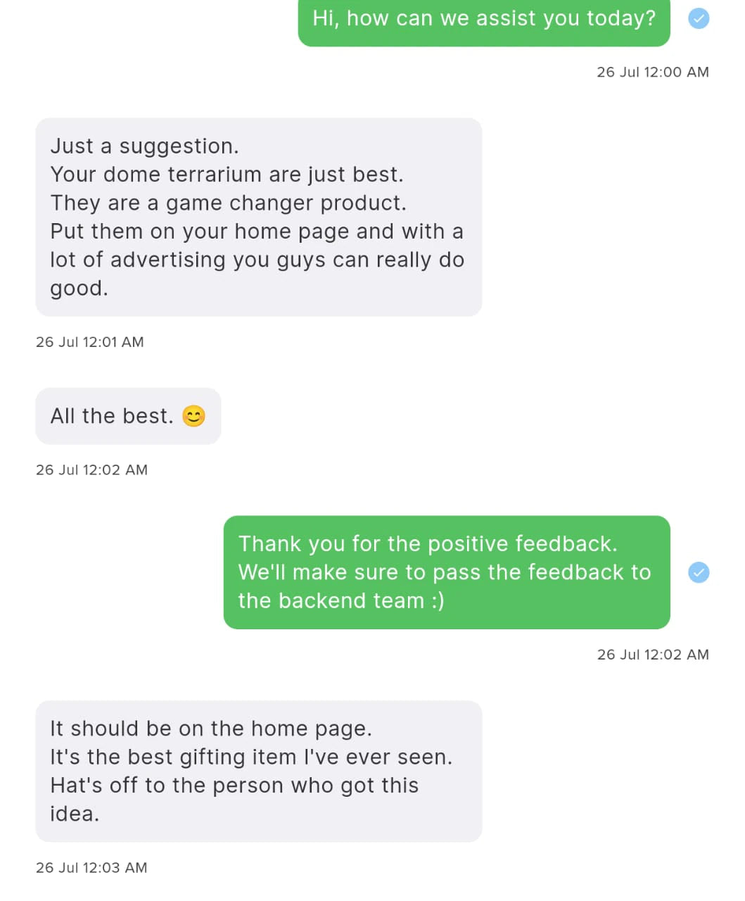 Customer WhatsApp conversation appreciating the terrariums as a gifting item